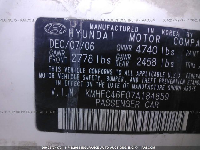 KMHFC46F07A184859 - 2007 HYUNDAI AZERA SE/LIMITED WHITE photo 9