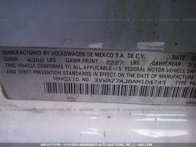 3VWAZ7AJ8AM104743 - 2010 VOLKSWAGEN JETTA LIMITED WHITE photo 9