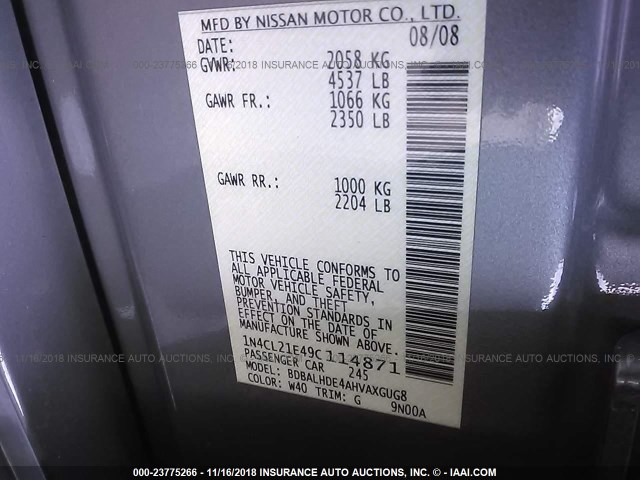 1N4CL21E49C114871 - 2009 NISSAN ALTIMA HYBRID GRAY photo 9