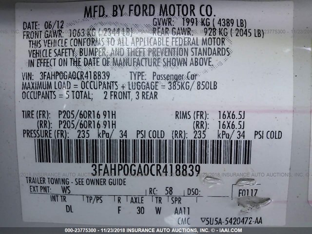 3FAHP0GA0CR418839 - 2012 FORD FUSION S WHITE photo 9