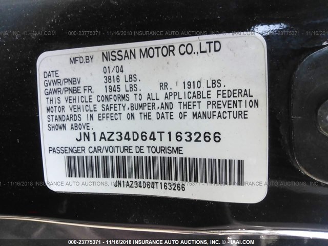 JN1AZ34D64T163266 - 2004 NISSAN 350Z COUPE BLACK photo 9