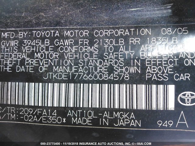 JTKDE177660084578 - 2006 TOYOTA SCION TC 黑色 照片 9