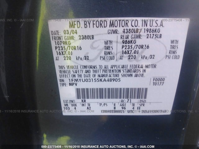 1FMYU03155KA48905 - 2005 FORD ESCAPE XLT BLUE photo 9