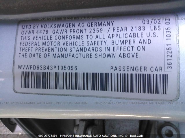 WVWPD63B43P195096 - 2003 VOLKSWAGEN PASSAT GLS SILVER photo 9