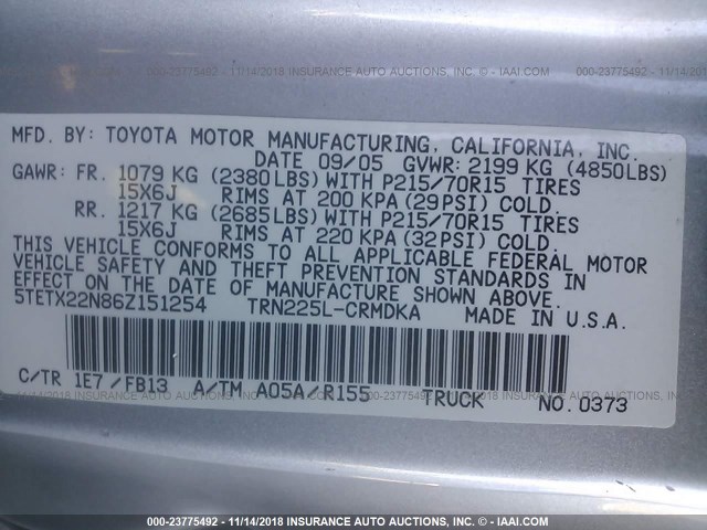 5TETX22N86Z151254 - 2006 TOYOTA TACOMA ACCESS CAB ვერცხლისფერი ფოტო 9