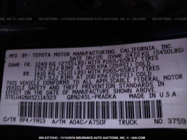 5TELU42NX5Z114323 - 2005 TOYOTA TACOMA DOUBLE CAB 蓝色 照片 9