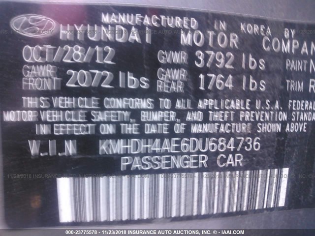 KMHDH4AE6DU684736 - 2013 HYUNDAI ELANTRA GLS/LIMITED SILVER photo 9