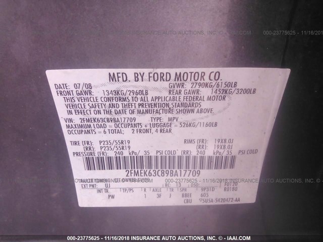 2FMEK63C89BA17709 - 2009 FORD FLEX LIMITED GRAY photo 9