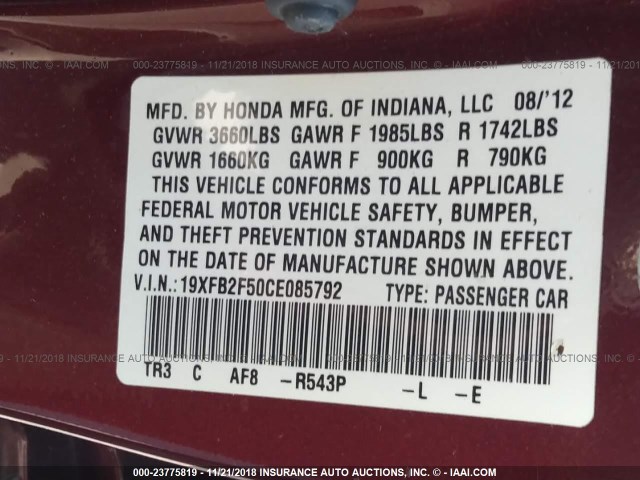 19XFB2F50CE085792 - 2012 HONDA CIVIC LX MAROON photo 9