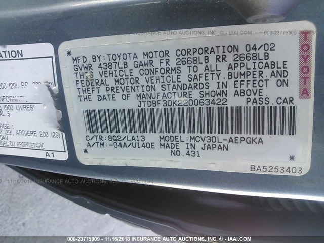 JTDBF30K220063422 - 2002 TOYOTA CAMRY LE/XLE/SE BLUE photo 9