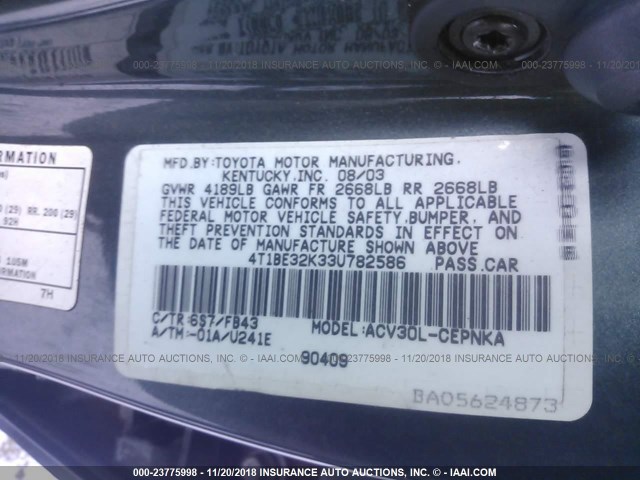 4T1BE32K33U782586 - 2003 TOYOTA CAMRY LE/XLE/SE GREEN photo 9