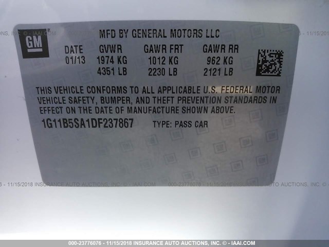 1G11B5SA1DF237867 - 2013 CHEVROLET MALIBU LS 白色 照片 9