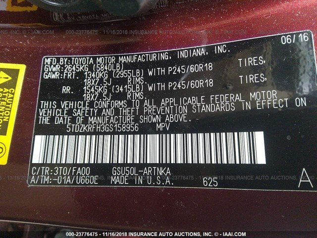 5TDZKRFH3GS158956 - 2016 TOYOTA HIGHLANDER LE/LE PLUS MAROON photo 9