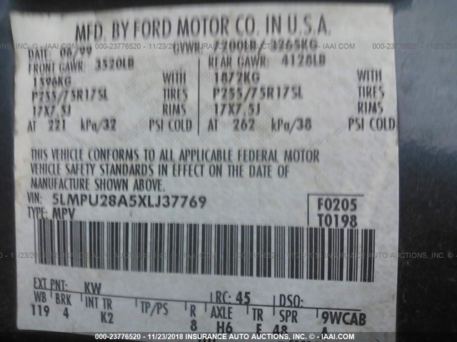 5LMPU28A5XLJ37769 - 1999 LINCOLN NAVIGATOR BLUE photo 9