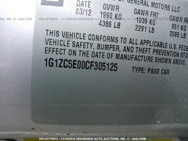 1G1ZC5E00CF305125 - 2012 CHEVROLET MALIBU 1LT 银色 照片 9