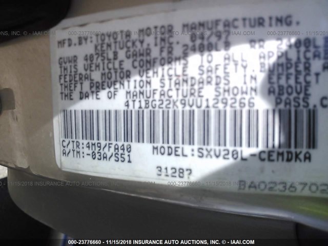 4T1BG22K9VU129266 - 1997 TOYOTA CAMRY CE/LE/XLE TAN photo 9