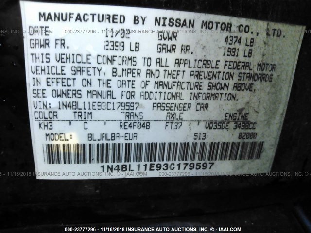 1N4BL11E93C179597 - 2003 NISSAN ALTIMA SE BLACK photo 9