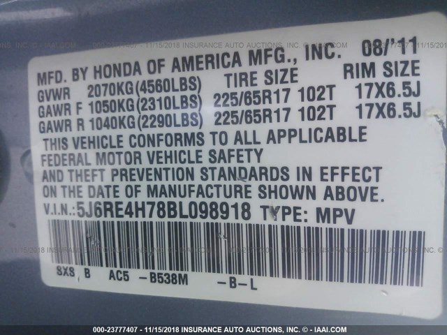 5J6RE4H78BL098918 - 2011 HONDA CR-V EXL BLUE photo 9