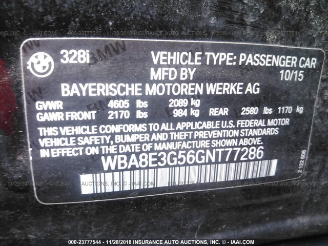 WBA8E3G56GNT77286 - 2016 BMW 328 XI SULEV BLACK photo 9