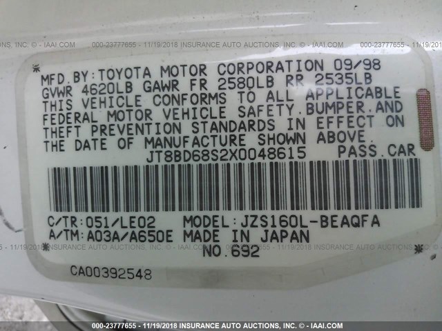 JT8BD68S2X0048615 - 1999 LEXUS GS 300 WHITE photo 9