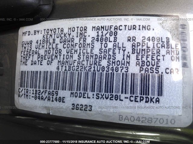 4T1BG22K21U034073 - 2001 TOYOTA CAMRY CE/LE/XLE GRAY photo 9