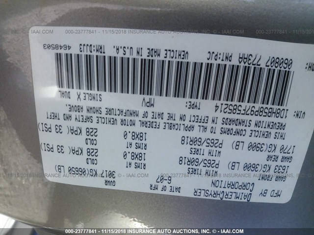 1D8HB58P97F585214 - 2007 DODGE DURANGO LIMITED SILVER photo 9