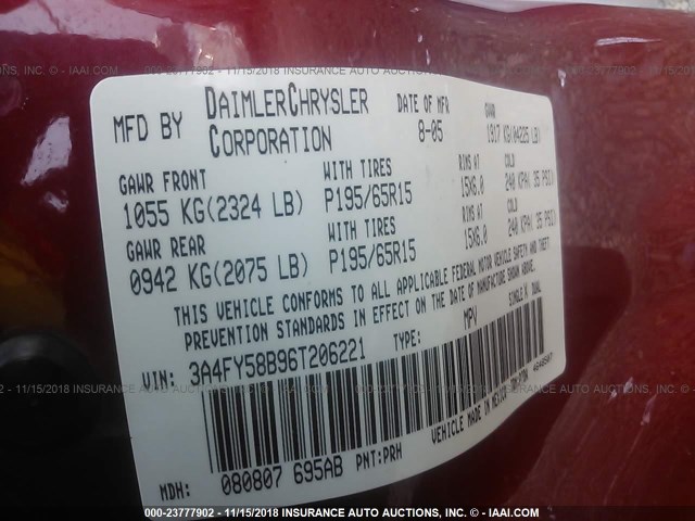 3A4FY58B96T206221 - 2006 CHRYSLER PT CRUISER TOURING RED photo 9