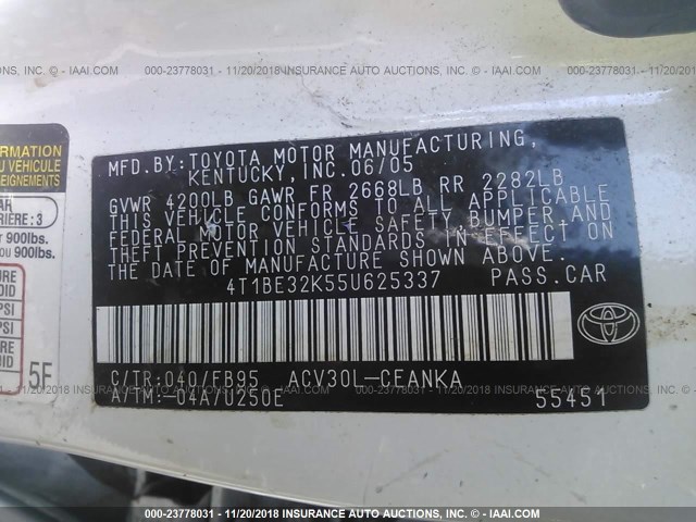 4T1BE32K55U625337 - 2005 TOYOTA CAMRY LE/XLE/SE WHITE photo 9