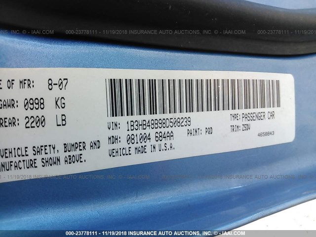 1B3HB48B98D508239 - 2008 DODGE CALIBER SXT BLUE photo 9