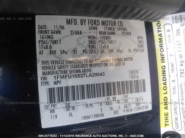 1FMFU16527LA29043 - 2007 FORD EXPEDITION XLT BLUE photo 9