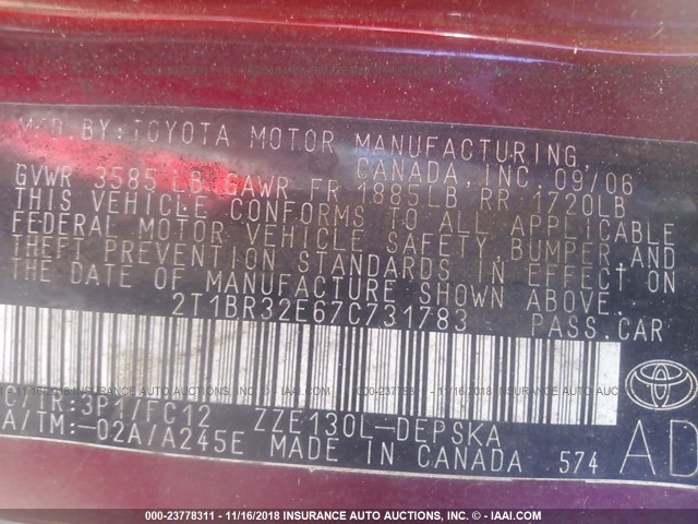 2T1BR32E67C731783 - 2007 TOYOTA COROLLA CE/LE/S RED photo 9