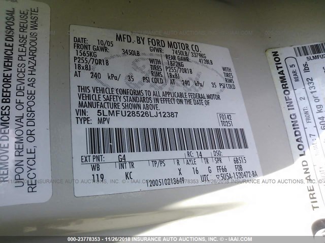 5LMFU28526LJ12387 - 2006 LINCOLN NAVIGATOR 白色 照片 9