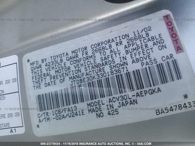 JTDBE30K330183671 - 2003 TOYOTA CAMRY LE/XLE SILVER photo 9