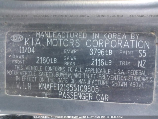 KNAFE121955109605 - 2005 KIA NEW SPECTRA LX/EX Pewter photo 9