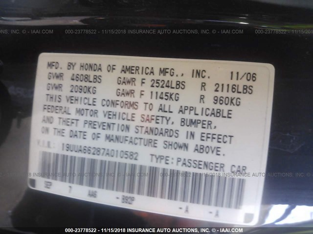 19UUA66287A010582 - 2007 ACURA TL BLACK photo 9