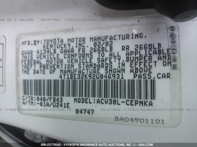 4T1BE32K92U046931 - 2002 TOYOTA CAMRY LE/XLE/SE WHITE photo 9