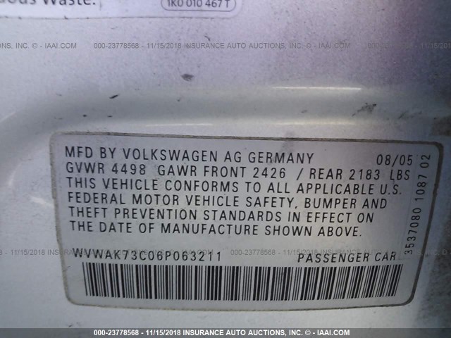 WVWAK73C06P063211 - 2006 VOLKSWAGEN PASSAT 2.0T/2.0T VALUE SILVER photo 9