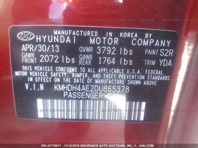 KMHDH4AE2DU865378 - 2013 HYUNDAI ELANTRA GLS/LIMITED RED photo 9