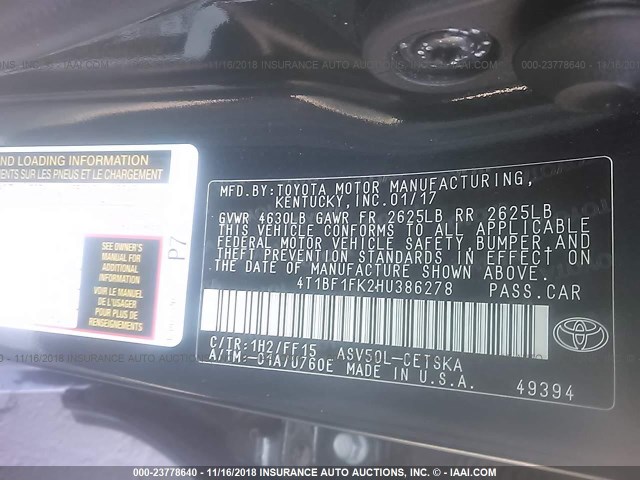 4T1BF1FK2HU386278 - 2017 TOYOTA CAMRY LE/XLE/SE/XSE BLUE photo 9