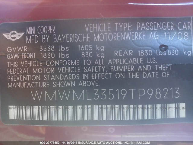 WMWML33519TP98213 - 2009 MINI COOPER CLUBMAN RED photo 9