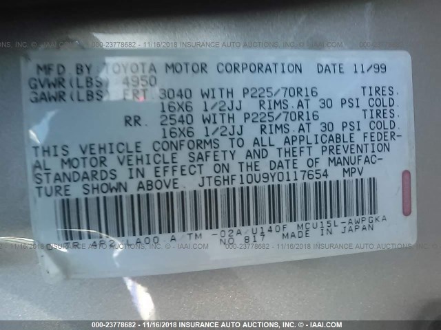 JT6HF10U9Y0117654 - 2000 LEXUS RX 300 BEIGE photo 9