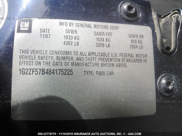 1G2ZF57B484175225 - 2008 PONTIAC G6 VALUE LEADER/BASE BLUE photo 9