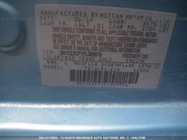 3N1CE2CP7FL359976 - 2015 NISSAN VERSA NOTE S/S PLUS/SV/SL/SR BLUE photo 9