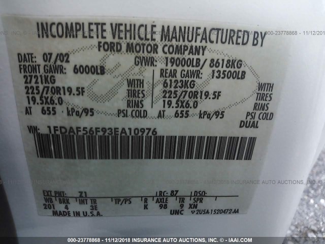 1FDAF56F93EA10976 - 2003 FORD F550 SUPER DUTY WHITE photo 9