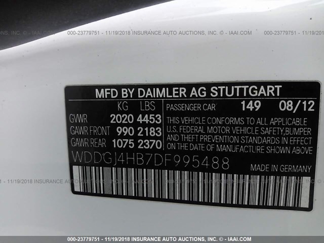 WDDGJ4HB7DF995488 - 2013 MERCEDES-BENZ C 250 WHITE photo 9