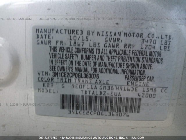 3N1CE2CP0GL363076 - 2016 NISSAN VERSA NOTE S/S PLUS/SV/SL/SR SILVER photo 9