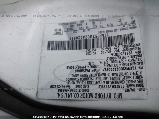 1FAFP52U02A220597 - 2002 FORD TAURUS LX WHITE photo 9