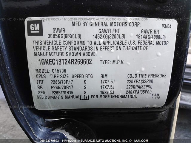 1GKEC13T24R269602 - 2004 GMC YUKON BLUE photo 9