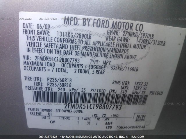 2FMDK51C19BB07793 - 2009 FORD FLEX SE SILVER photo 9