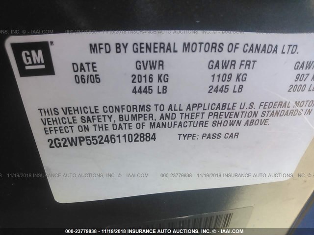 2G2WP552461102884 - 2006 PONTIAC GRAND PRIX BLUE photo 9